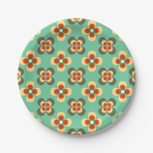 Cute Retro Floral Light Green Pattern Paper Plate