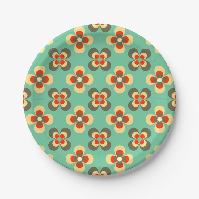 Cute Retro Floral Light Green Pattern Paper Plate (Front)