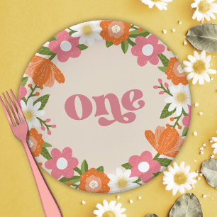 Cute Retro Floral One   Baby's First Birthday  Paper Plate