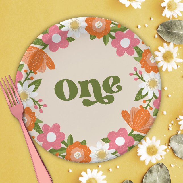 Cute Retro Floral One | Baby's First Birthday  Paper Plate (Creator Uploaded)