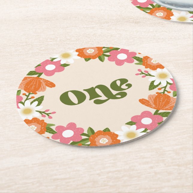 Cute Retro Floral One | Baby's First Birthday  Round Paper Coaster (Angled)