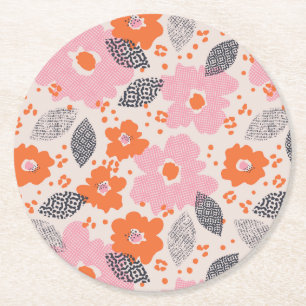 Cute Retro Floral Pattern Round Paper Coaster
