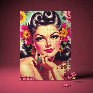 Cute Retro Floral Pin-up Portrait Jigsaw Puzzle
