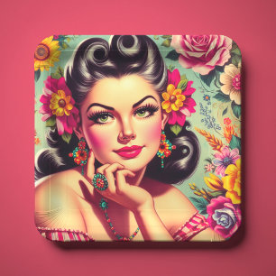 Cute Retro Floral Pin-up Portrait Paper Plate