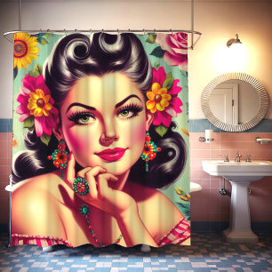 Cute Retro Floral Pin-up Portrait Shower Curtain