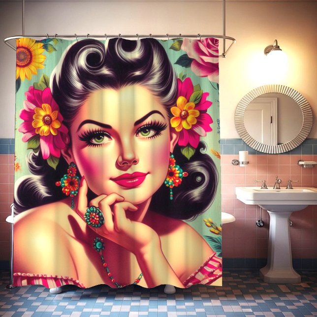 Cute Retro Floral Pin-up Portrait Shower Curtain (Creator Uploaded)
