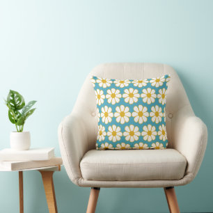 Cute Retro Flower Pattern Blue and Mustard Cushion