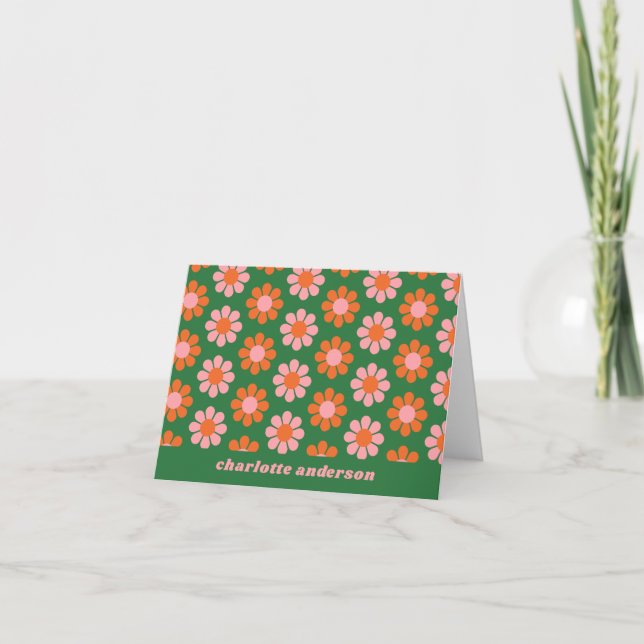 Cute Retro Flower Pattern Green Pink Personalised Note Card (Front)
