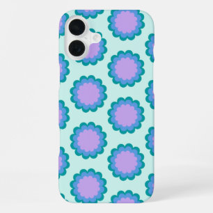 Cute Retro Flower Pattern in Mint and Purple iPhone 16 Plus Case