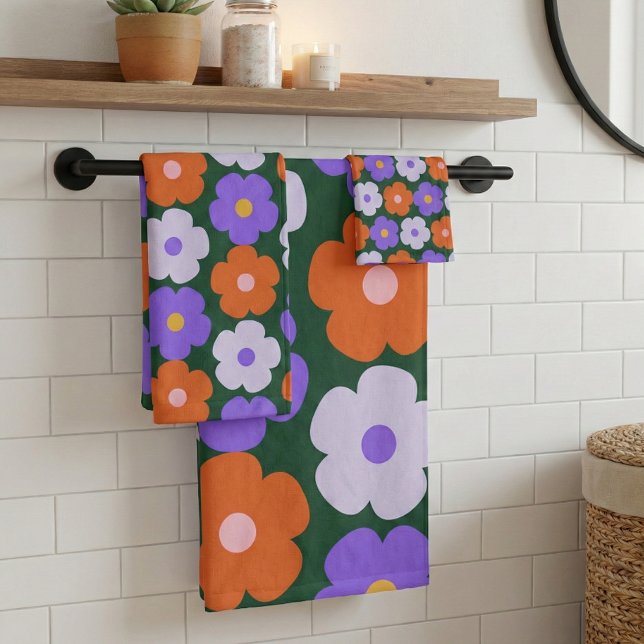 Cute Retro Flower Pattern in Purple and Green   Bath Towel Set (Creator Uploaded)