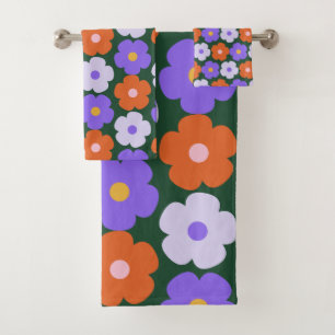 Cute Retro Flower Pattern in Purple and Green   Bath Towel Set