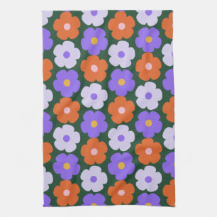 Cute Retro Flower Pattern in Purple and Green Tea Towel
