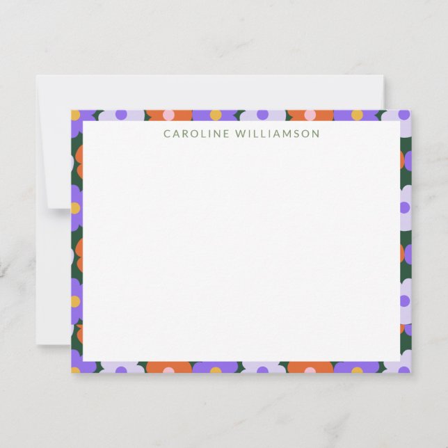 Cute Retro Flower Purple Green Personalised Name Card (Front)