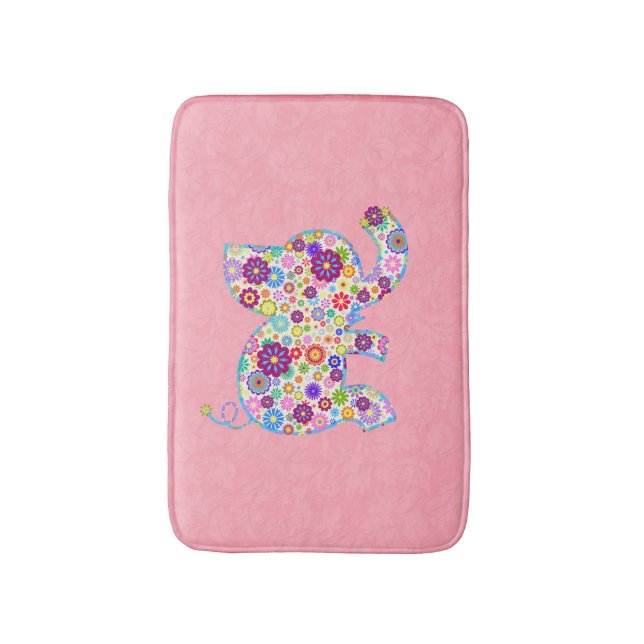Cute Retro Flowers Cartoon Style Elephant Bath Mat (Front Vertical)