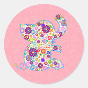 Cute Retro Flowers Cartoon Style Elephant Classic Round Sticker
