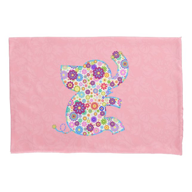 Cute Retro Flowers Cartoon Style Elephant Pillowcase (Front)