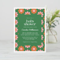 Cute Retro Flowers Green Pink Baby Shower