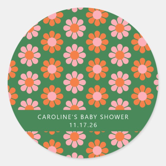 Cute Retro Flowers Green Pink Custom Baby Shower Classic Round Sticker (Front)