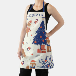 Cute Retro Fox and Christmas Tree Personalized Apron