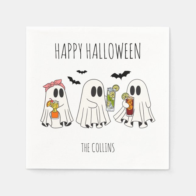 Cute Retro Ghost and Cocktails Happy Halloween Napkin (Front)