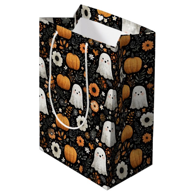 Cute Retro Ghosts Pumpkins and Florals Medium Gift Bag (Back Angled)
