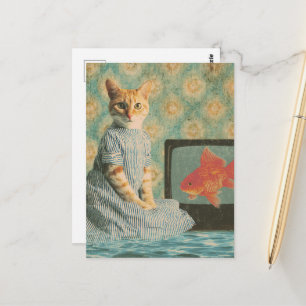 Cute Retro Ginger Cat With Goldfish Retro Collage Postcard