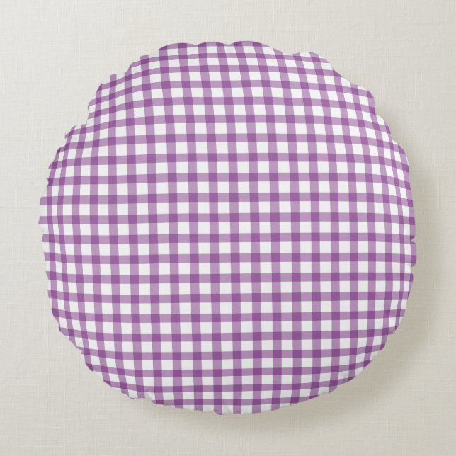 Cute Retro Gingham Plaid Purple Pattern Round Cushion (Front)