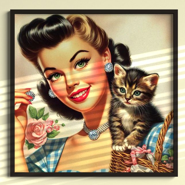 Cute Retro Girl and Kitten Poster (Creator Uploaded)