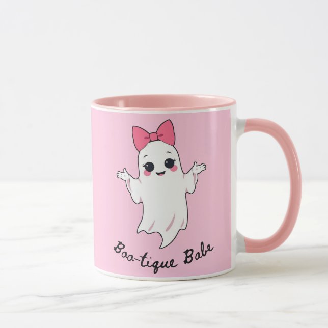 Cute Retro Girl Ghost with Pink Hair Bow Mug (Right)