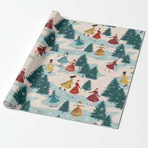 Cute Retro Girls Skating Wrapping Paper