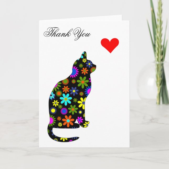 Cute Retro Girly Thank-You Floral Cat Feline Heart Thank You Card (Front)
