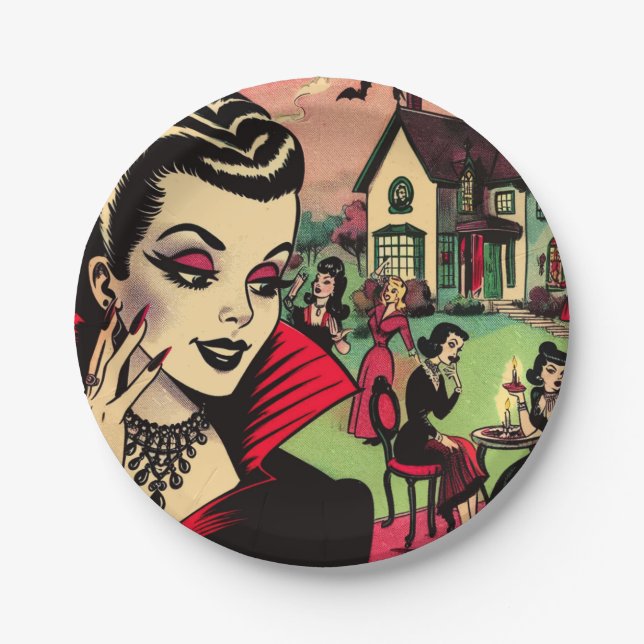 Cute Retro Goth Vampire Woman Comics Paper Plate (Front)