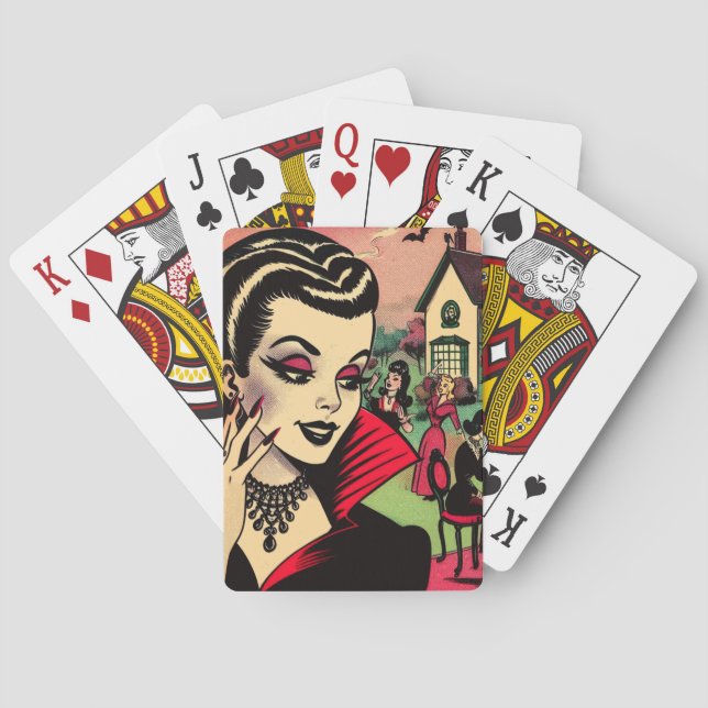 Cute Retro Goth Vampire Woman Comics Playing Cards (Back)