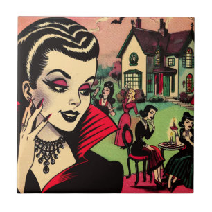 Cute Retro Goth Vampire Woman Comics Tile