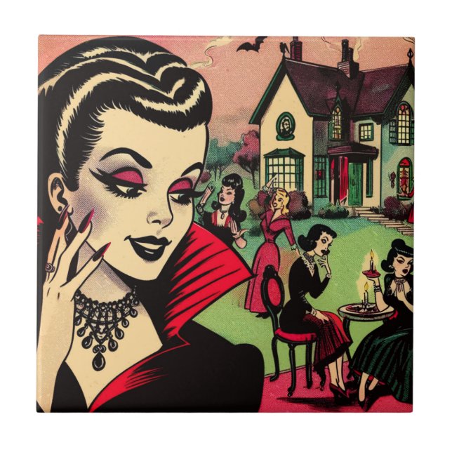 Cute Retro Goth Vampire Woman Comics Tile (Front)