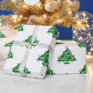 Cute Retro Green Christmas Tree Pattern on White Wrapping Paper