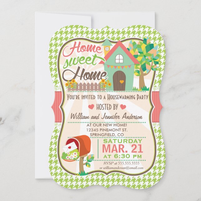Cute, Retro Green Houndstooth Housewarming Party Invitation (Front)