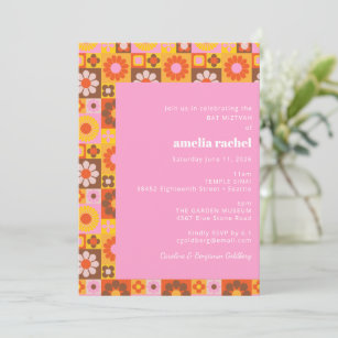 Cute Retro Groovy Floral Pink Orange Bat Mitzvah Invitation