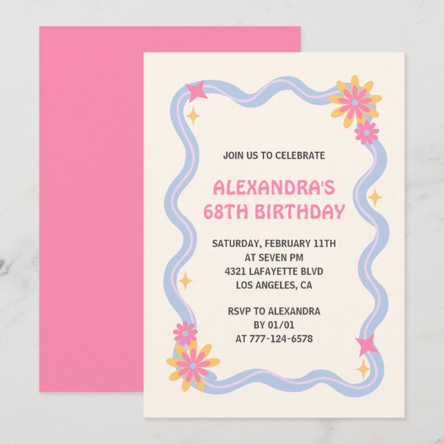 Cute Retro Groovy Pink Flowers 68th birthday  Invitation (Front/Back)