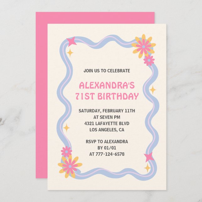 Cute Retro Groovy Pink Flowers 71st birthday  Invitation (Front/Back)