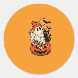Cute Retro Halloween Ghost Pumpkin Our Family Thro Classic Round Sticker