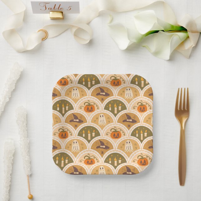 Cute Retro Halloween Pattern Paper Plates  (Wedding)