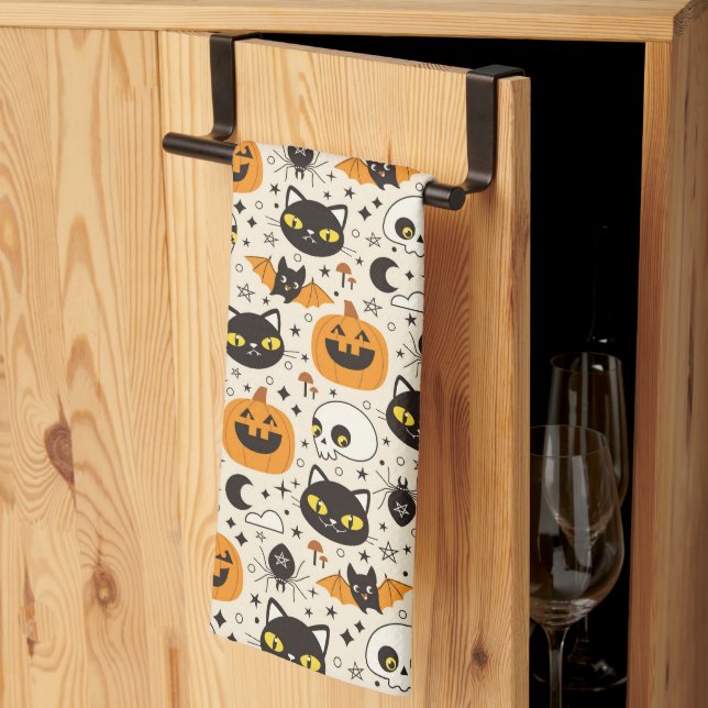 Cute Retro Halloween Pattern Tea Towel (Thirds Fold)