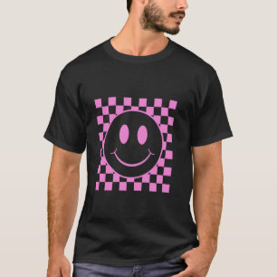 Cute Retro Happy Funny Pink Smile Face Chequered T-Shirt