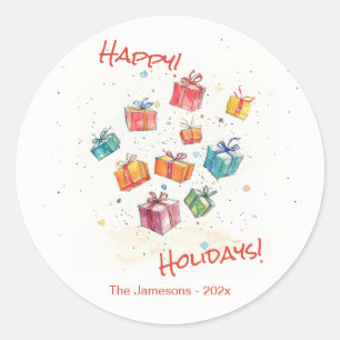 Cute Retro Happy Holidays Classic Round Sticker