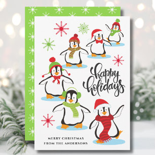 Cute Retro Happy Holidays Penguins Green Holiday Card