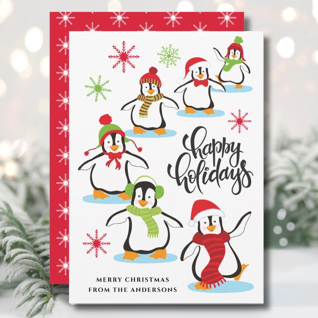 Cute Retro Happy Holidays Penguins Red Holiday Card (Creator Uploaded)