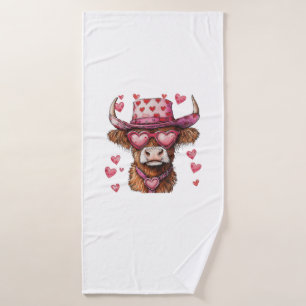 Cute Retro Highland Cow Cowboy Hat Heart Valentine Bath Towel