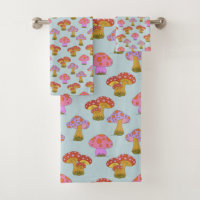 Cute Retro Hippie Mushroom Pattern in Pastel Blue