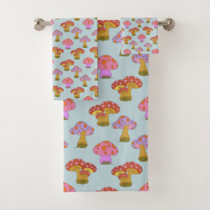 Cute Retro Hippie Mushroom Pattern in Pastel Blue  Bath Towel Set